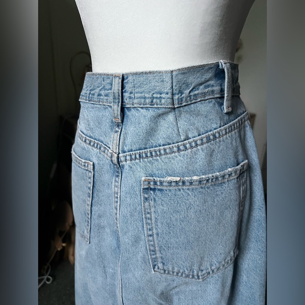 ZARA Light Wash Denim Distressed Hem Straight Midi Maxi Front Slit Cotton Skirt - Picture 9 of 16